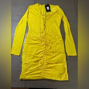 Fashion Nova Bright Yellow Ruched Lace-Up Long Sleeve Bodycon Dress